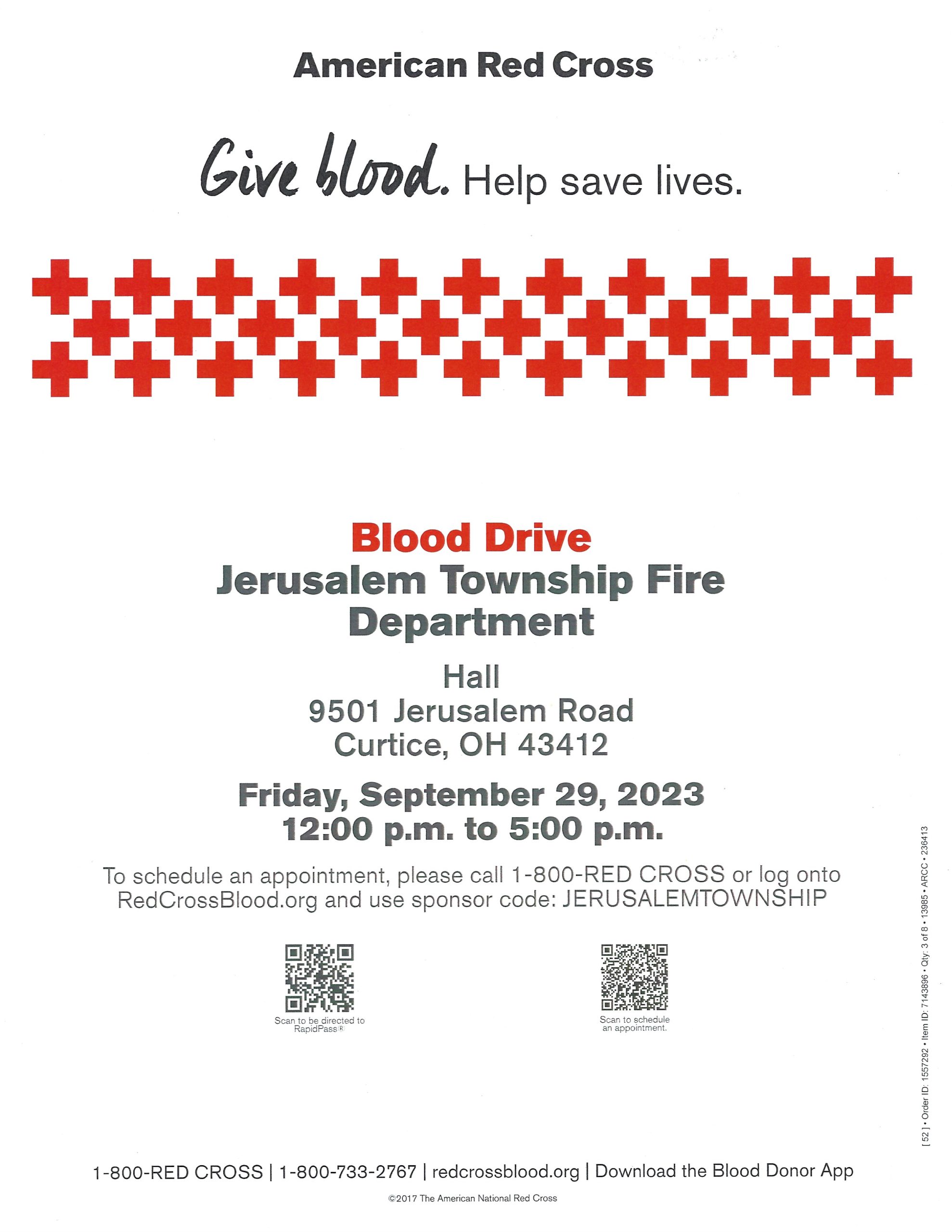 American Red Cross Blood Drive At The Jerusalem Township Fire Department from Noon to 5PM
